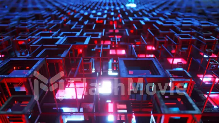 3d illustration of colorful glass rows of cubes floating through the prog, creating an abstract graphic background technology texture. Blue red color