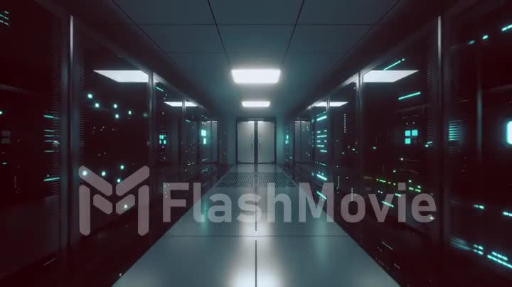 Endless flight along server blocks. Data center and internet. Server rooms with working flickering panels behind the glass. Technology corridor. Seamless loop 3d render