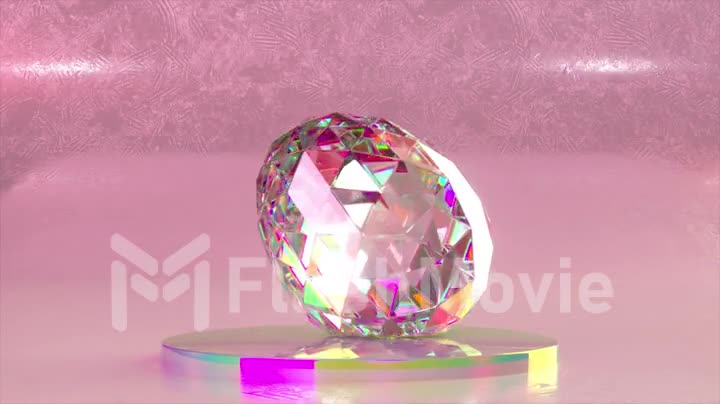 Diamond egg falls and turns into a soap bubble. Pink neon color. Abstract concept. Transformation. 3d animation