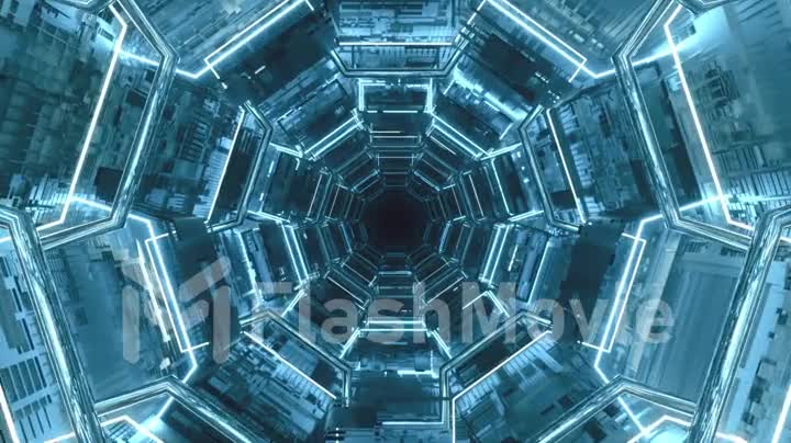 Endless corridor of the future. Spaceship. Neon lighting. Flying in the tunnel. Seamless loop 3d render