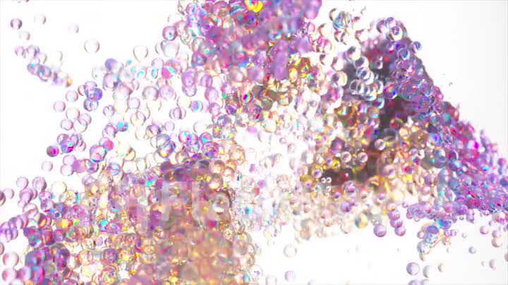 Drops of water move in a spontaneous tornado. Water vortex. Slow motion. Flow. Blue purple. Substance. 3d animation