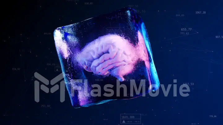 A frozen human brain inside a spinning ice cube. 3d illustration