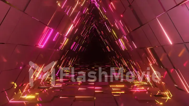 Abstract neon triangle tunnel technological. Endless animated background. Modern neon light. Bright neon lines. Seamless loop 3d render