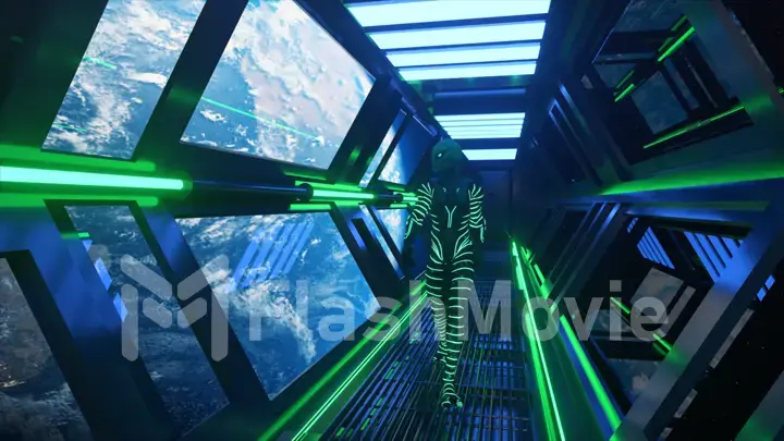 Concept of space exploration. An alien in a neon suit walks through a spaceship tunnel. Earth orbit. Green neon lighting