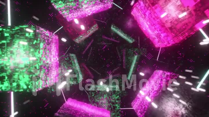 Flying in technological cyber space. Sci-fi spaceship tunnel. Futuristic technology abstract seamless VJ for tech titles and background. Motion graphic for internet, speed. Seamless loop 3D render