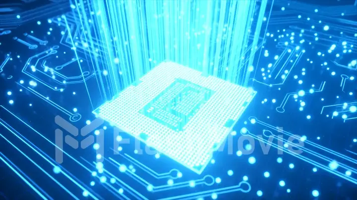 CPU technology background. 3D illustration AI processor power. Colorful blue digitizing process. Data transmission, futuristic industry. Upward data flow.