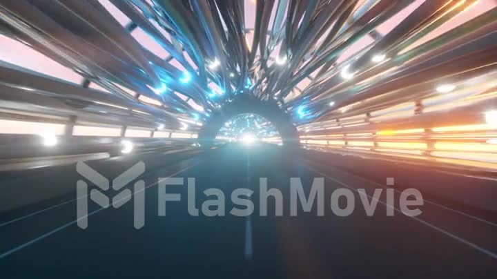 Flying in a futuristic fiber optic tunnel with a road. Future technologies concept. Business background. Pleasant natural lighting. Seamless loop 3d render