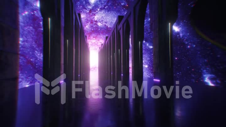 A man dressed in cloth walking down a space sci fi corridor with neon lighting. Let the planet earth. Fantastic concept of the future. The concept of human cognition of space. 3d animation