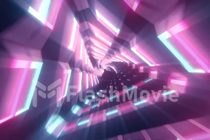 Flying through metallic glowing rotating neon triangles creating a tunnel, colorful spectrum, fluorescent ultraviolet light, modern colorful lighting, 3d illustration