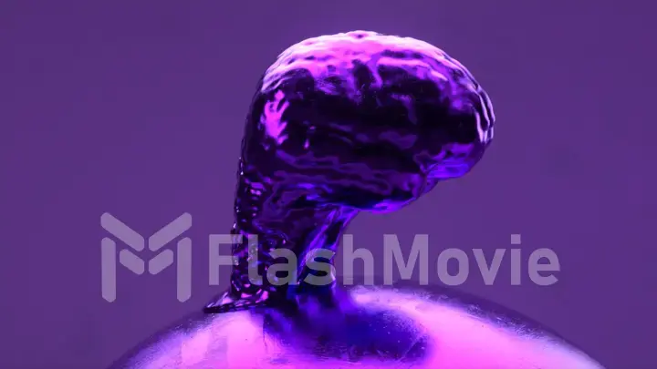 The metallic brain becomes liquid and spreads over a metallic rotating sphere. Purple pink neon color.