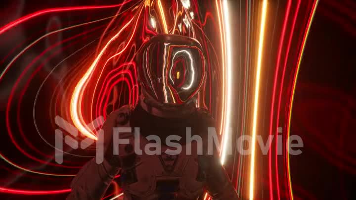 Astronaut in the fourth dimension. Neon surroundings and bright stripes. Sci-fi 3d animation