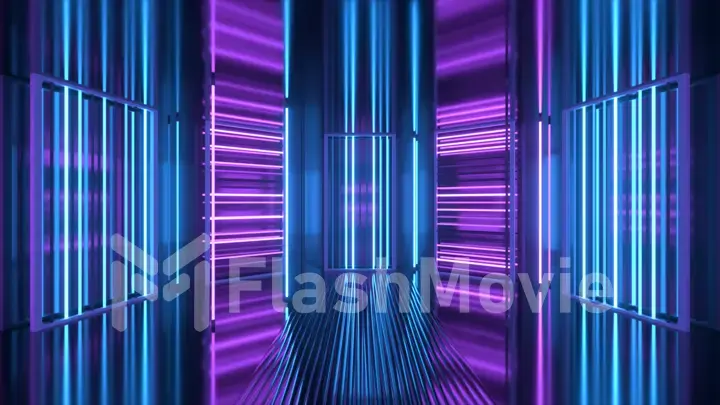 Neon background. Purple and blue neon background appears and disappears. Bright live neon background. Metallic room. 3d illustration