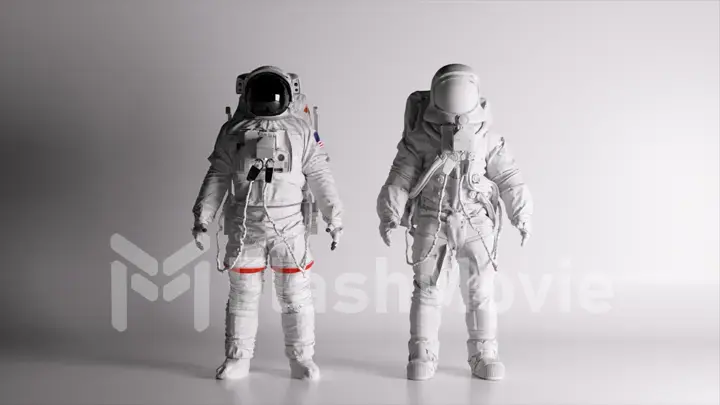 Two astronauts in white spacesuits stand on a white background. Lighting is changing. Black and white helmet.