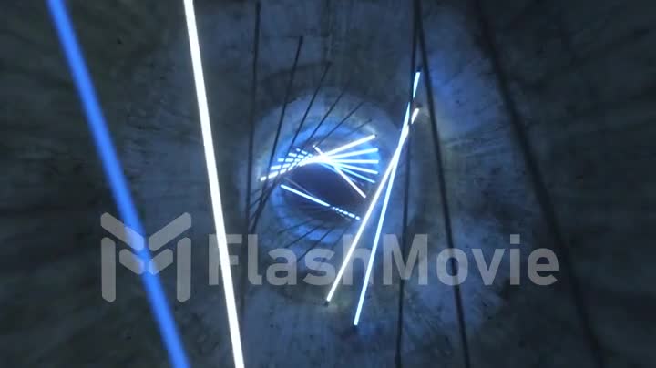 Flying in a concrete tunnel with neon lighting. Halogen lamps. Abstract background. Modern blue white light spectrum. 3d animation