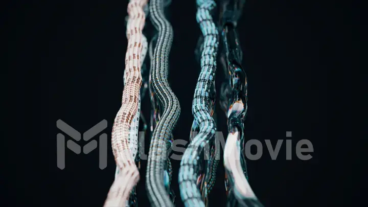 On a black background, an invisible force moves black fabric threads. Cables, ropes, ropes. Blur. 3d illustration.