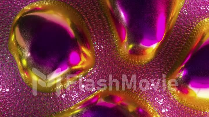 Abstract concept. A stream of glowing pink neon particles flows around gold purple metal bubbles. Close-up. 3d animation