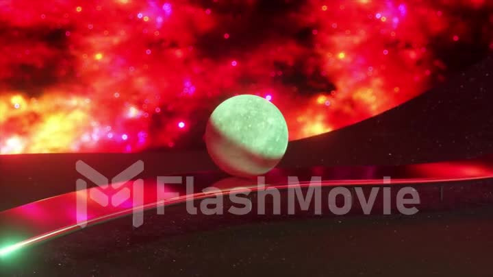 The ball of Moon smoothly rolls along the wavy chrome surface on a fantastic space. 3d Seamless loop animation