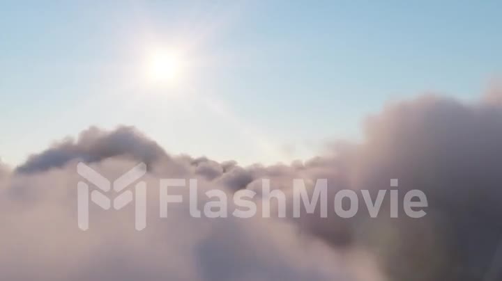 Flight through moving cloudscape with beautiful sun rays