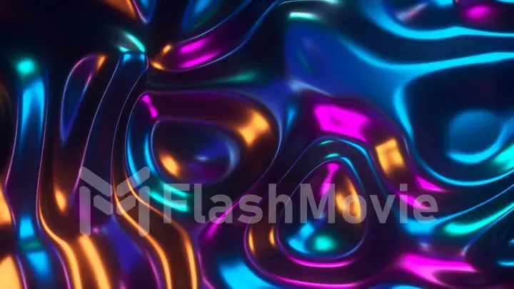 Abstract 3d illustration holographic oil surface background, foil wavy surface, wave and ripples, ultraviolet modern light, neon blue pink spectrum colors.