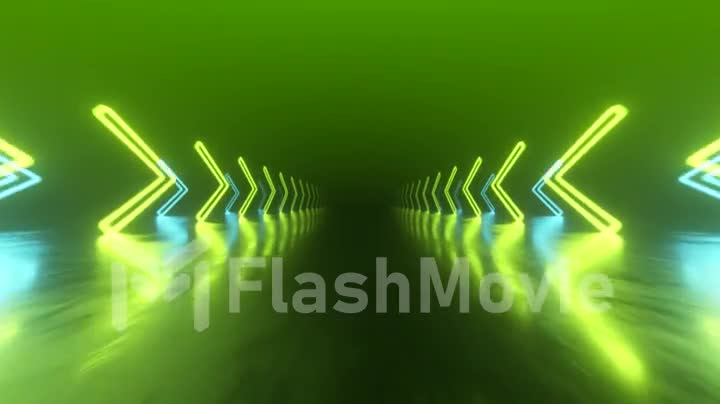 Fast flight in space with the direction of movement of the neon arrows. Abstract laser background. Seamless loop 3d render