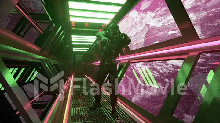 Space horror movie. Realistic Zombie walks through the neon corridor of the spaceship. Planet Earth in the background.