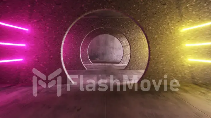 Endless flight in a gray concrete tunnel with bright luminous neon stripes. Modern ultraviolet light spectrum. The movement of the camera in a circle. 3d illustration