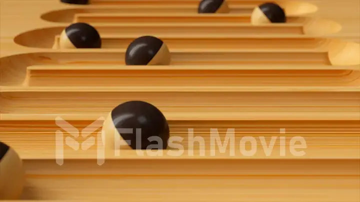 Bright colorful background with rolling balls along the paths. Plastic ball rolling in geometry deepening. 3d illustration