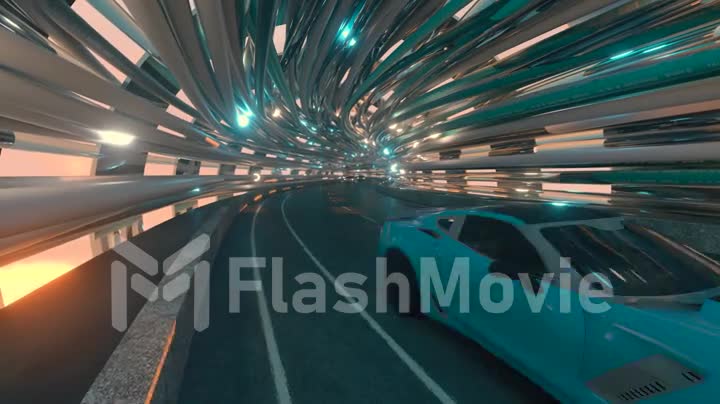 The movement of cars on a futuristic bridge with fiber optic. Future technologies concept. Business background. Pleasant natural light. Seamless loop 3d render