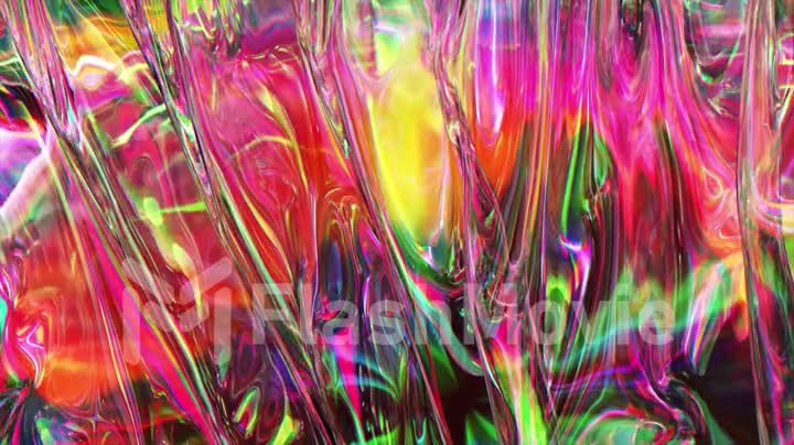 Transparent rainbow fabric sways in the wind. Pink yellow color. Texture. Close-up. 3d animation