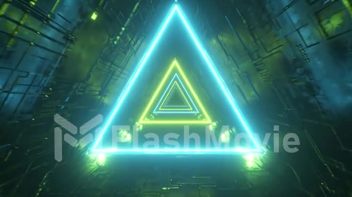 Sci-fi tunnel with neon triangles. Endless flight forward. Modern neon lighting. Seamless loop 3d render