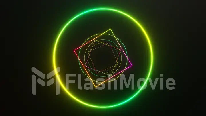 Infinity flight inside tunnel, neon light abstract background, round arcade, portal, rings, circles, virtual reality, ultraviolet spectrum, laser show, metal floor reflection. 3d illustration