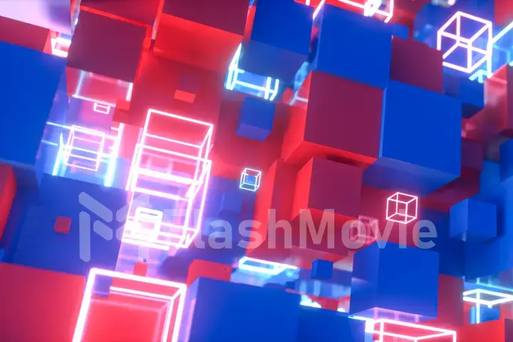 Abstract motion of colorful red and blue cubes with neon glowing cubes. 3d illustration