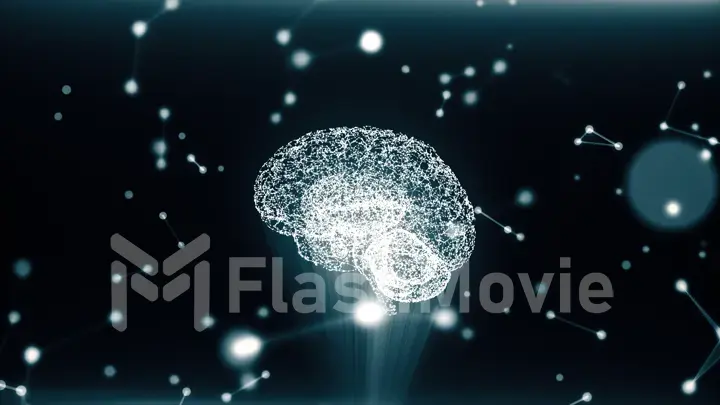 Circular rotation polygonal brain shape of an artificial intelligence with lines and glowing dots and shadow over the dark blue background. 3D illustration