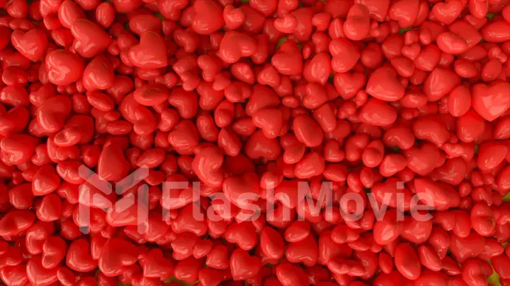 Many red hearts falling into the pile of hearts on pink background. 3d illustration