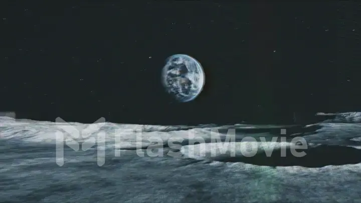 View of the planet Earth from the surface of the Moon. Airless space. Simulated drone flight. The effect of old tape and distorted data. 3d illustration