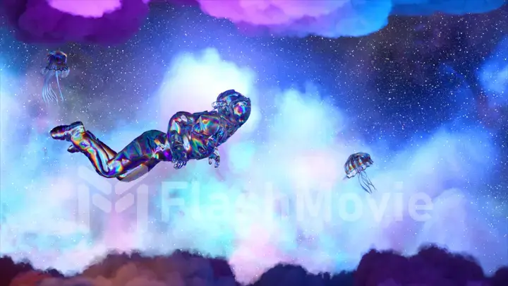 An astronaut floats between purple blue clouds surrounded by jellyfish. Space. Diamond suit. Neon color. Milky Way