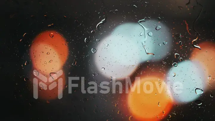 Drops of rain flow down the glass against the bokeh background of moving cars