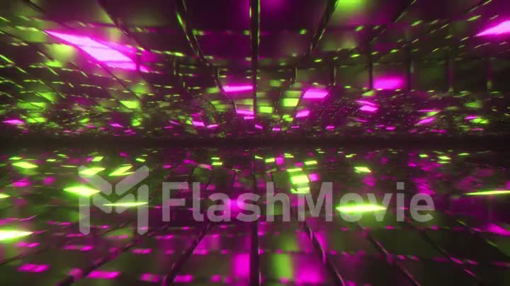 Abstract seamless looped animation of flying in endless space of neon and metal cubes. Modern yellow purple color spectrum of light. VJ loop.