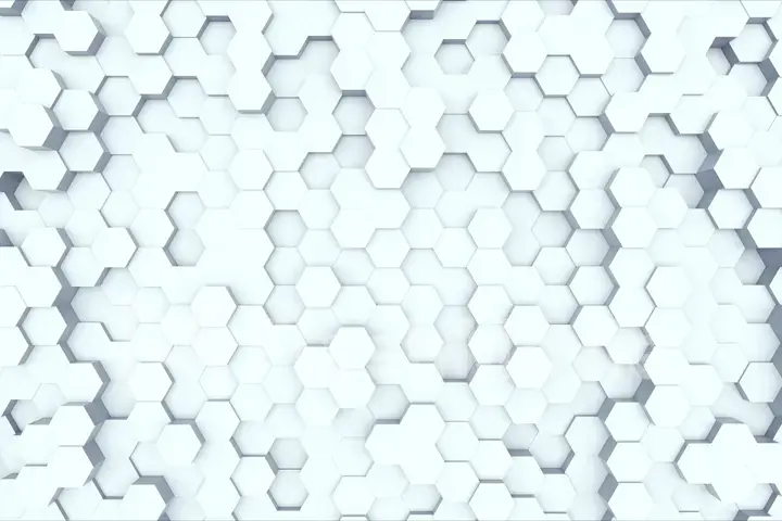 Random waving motion abstract background from hexagon geometric surface loop: light bright clean minimal hexagonal grid pattern, canvas in pure wall architectural white. 3d illustration