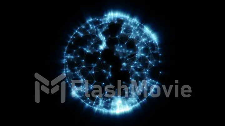 Animated rotating abstract blue radiant sphere constructed with glowing points, lines and polygons 3d illustration