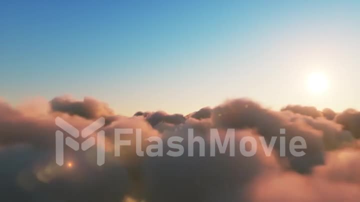 Beautiful realistic flight over cumulus lush clouds at sunset