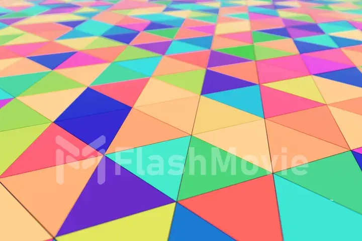 Abstract motion animation of bright multi-colored three-dimensional triangles. 3d illustration