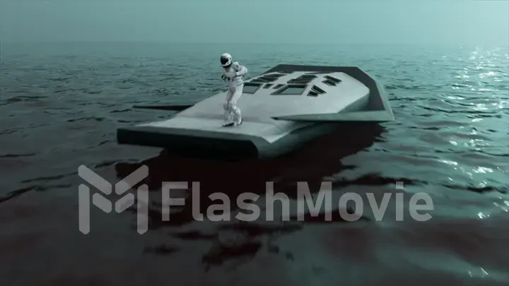 The concept of space exploration. An astronaut in a white spacesuit is dancing on a spaceship in the middle of the sea