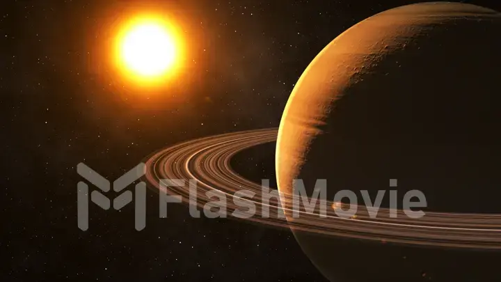 The sun shines on Saturn in space high quality 3d illustration.