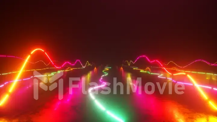 Flying over a colorful bright neon glowing graphic equalizer. World of music. Ultraviolet signal spectrum, laser show, energy, sound vibrations and waves.