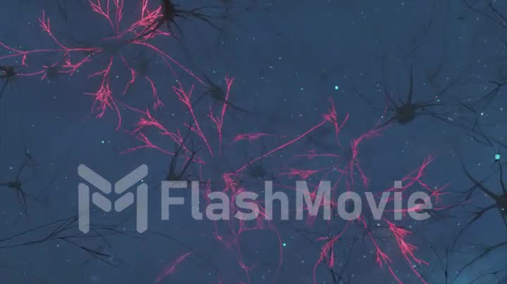 Animation of the activity of neurons and synapses. Neural connections in outer space, radioactivity, neurotransmitters, brain, axons. Electrical impulses transmitting signals. Mind concept.