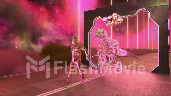 Astronaut and the Dinosaur on a bicycle pass through the transparent gate and turn into a diamond. Purple neon color.