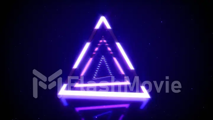 Rotations of a shining neon triangle in modern fluorescent lighting with reflections, 3D illustration