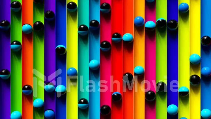 Bright colorful background with rolling balls along the paths. Minimalism and fashion concept. 3d illustration