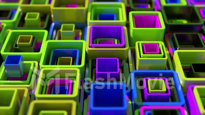 Abstraction concept. Square tubes stack into each other. Green blue purple color. 3d animation of a seamless loop.
